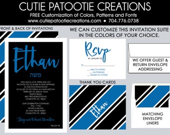 Bar Mitzvah Invitations | Black Blue and White Bar Mitzvah Invitation | Envelope Addressing | Custom Colors Available