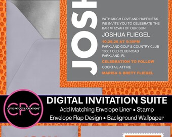 Digital Bar Mitzvah Invitations - Basketball Theme - Orange and Grey