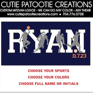 Puede incluir: Un logotipo personalizado de Mitzv&aacute; azul y blanco con el nombre "RYAN" en letras blancas. Las letras est&aacute;n decoradas con siluetas de atletas jugando baloncesto, f&uacute;tbol americano y f&uacute;tbol. La fecha "11.7.23" est&aacute; impresa en naranja debajo del nombre. El texto "CHOOSE YOUR SPORTS", "CHOOSE YOUR COLORS" y "CHOOSE FULL NAME OR INITIALS" est&aacute; impreso en rojo debajo del logotipo.