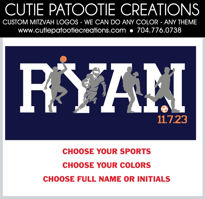 Puede incluir: Un logotipo personalizado de Mitzv&aacute; azul y blanco con el nombre "RYAN" en letras blancas. Las letras est&aacute;n decoradas con siluetas de atletas jugando baloncesto, f&uacute;tbol americano y f&uacute;tbol. La fecha "11.7.23" est&aacute; impresa en naranja debajo del nombre. El texto "CHOOSE YOUR SPORTS", "CHOOSE YOUR COLORS" y "CHOOSE FULL NAME OR INITIALS" est&aacute; impreso en rojo debajo del logotipo.