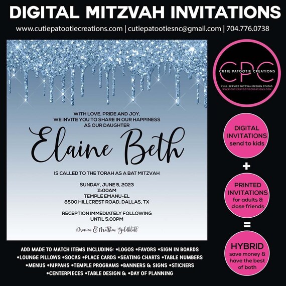 Blue and Silver Glitter Digital Bat Mitzvah Invitations | Add Small Order of Printed to send to Family and Friends Il_570xn