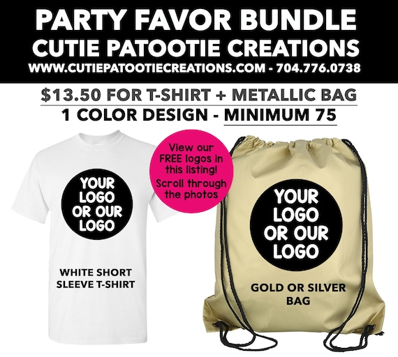 Mitzvah Party Favors | Gold or Silver Metallic Drawstring Backpack and White T Shirt Personalized with Your Logo or Our Logo | MINIMUM 75 Il_570xn