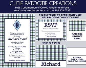 Preppy Plaid Bar Mitzvah Invitations, Bar Mitzvah Invitation, Envelope Addressing, Reply Card, Save the Date, Thank You Notes