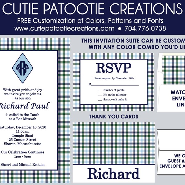 Preppy Plaid Bar Mitzvah Invitations, Bar Mitzvah Invitation, Envelope Addressing, Reply Card, Save the Date, Thank You Notes