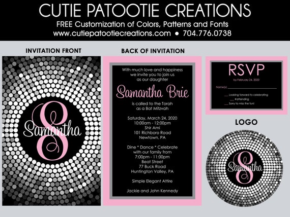 Bat Mitzvah Invitations - Silver and Pink Confetti Bat Mitzvah Invitation - RSVP Cards, Thank You, Envelope Addressing - Custom Colors Il_570xn