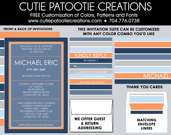 Bar Mitzvah Invitations - RSVP Reply Card - Envelope Addressing - Thank You Notes - Save the Date - Custom Colors Available