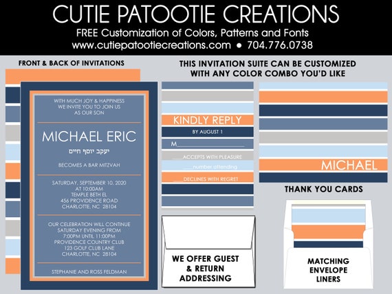 Bar Mitzvah Invitations - RSVP Reply Card - Envelope Addressing - Thank You Notes - Save the Date - Custom Colors Available Il_570xn