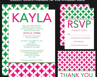 Bat Mitzvah Invitations - Hot Pink, White and Green - Custom Color, Pattern and Design - Add RSVP Card, Thank You Notes, Envelope Addressing