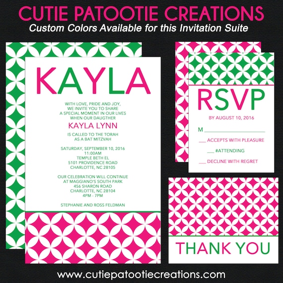 Bat Mitzvah Invitations - Hot Pink, White and Green - Custom Color, Pattern and Design - Add RSVP Card, Thank You Notes, Envelope Addressing Il_570xn