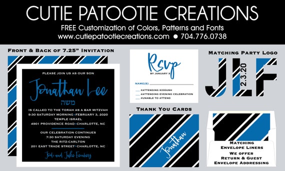 Bar Mitzvah Invitations - RSVP Card - Thank You Notes - Save the Date - Mitzvah Logo - Envelope Addressing - Envelope Liner Il_570xn