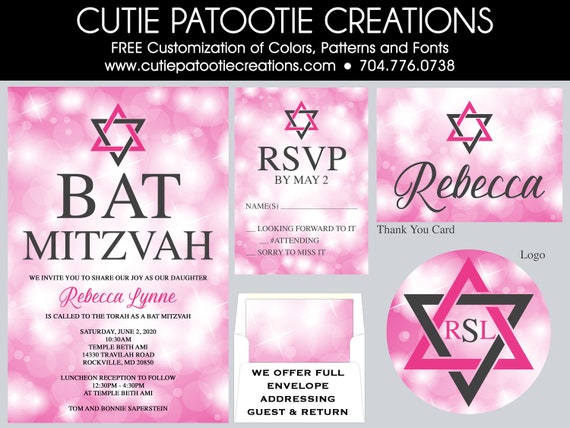Pink and Grey Bat Mitzvah Invitation - Sparkling Bokeh Bat Mitzvah Invitations - Bat Mitzvah Logo - Envelope Addressing Il_570xn