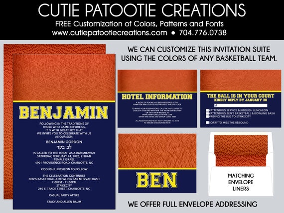 Basketball Bar Mitzvah Invitations - Basketball Bar Mitzvah Invitation - We can do ANY TEAM - Add RSVP Card, Party Cards, Thank You Notes Il_570xn