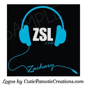 May include: A black and white logo with the text "ZSL" and the date "2.4.20" in white. The logo is surrounded by a blue headphone graphic with a blue cord extending from the bottom. The text "Zachary" is written in cursive below the logo.