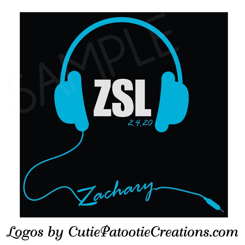May include: A black and white logo with the text "ZSL" and the date "2.4.20" in white. The logo is surrounded by a blue headphone graphic with a blue cord extending from the bottom. The text "Zachary" is written in cursive below the logo.