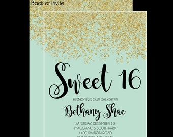 Sweet 16 Birthday Invitations - Quinceanera Invitation - Mint Green and Gold Sparkle Glitter Pattern - Guest & Return Addressing Available