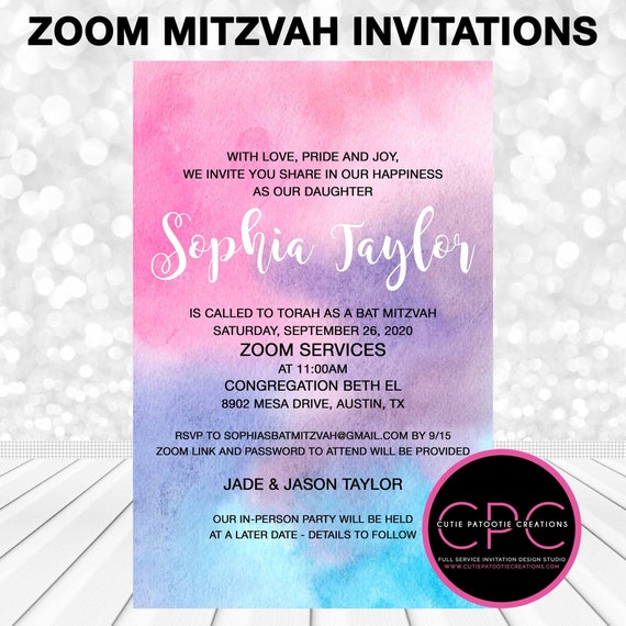 Zoom Mitzvah Invitations, Zoom Bar Mitzvah Invitation, Zoom Bat Mitzvah Invitation, Digital PDF or Printed by Us, Watercolor Purple Pink Il_570xn