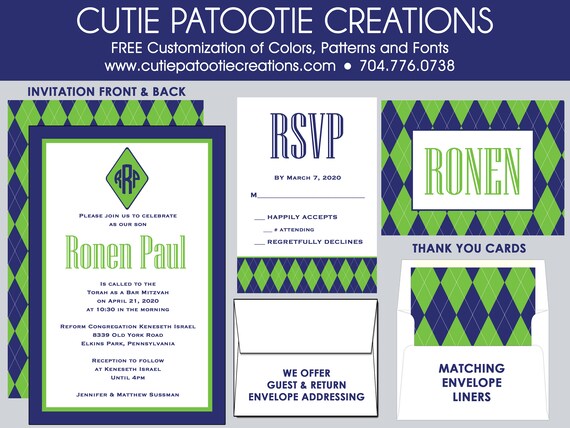 Preppy Argyle Bar Mitzvah Invitations, Bar Mitzvah Invitation, Envelope Addressing, Reply Card, Save the Date, Thank You Notes Il_570xn