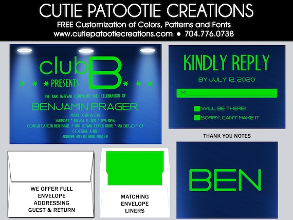 Bar Mitzvah Invitations, Bar Mitzvah Invitation, Envelope Addressing, Reply Card, Save the Date, Thank You Notes, Night Club Theme Il_570xn