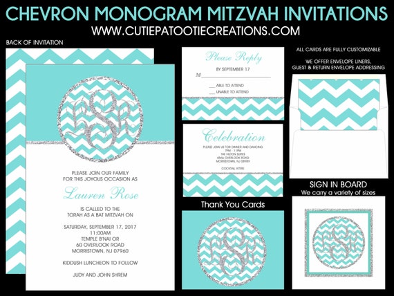 Chevron Bat Mitzvah Invitation with Silver Glitter Pattern and Monogram Initials - Add RSVP Card, Party Card, Thank You Notes, Addressing Il_570xn