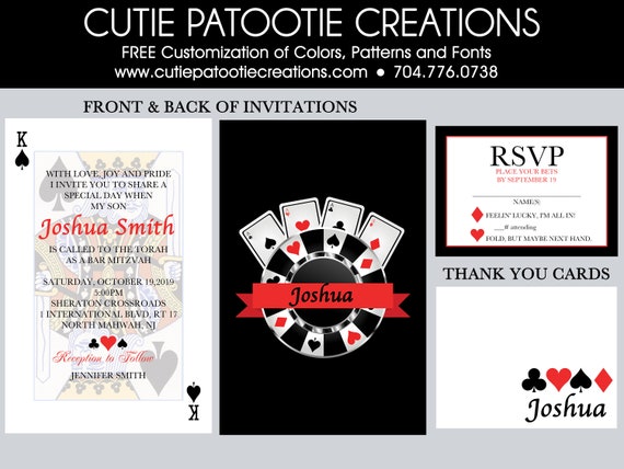 Las Vegas Casino Themed Bar Mitzvah Invitations - RSVP Card - Mitzvah Logo and Thank You Notes - Custom Color Available Il_570xn