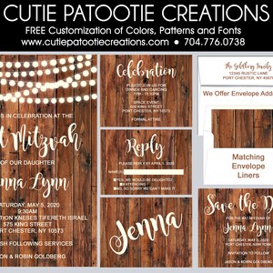 May include: A rustic wood-themed invitation for a Bat Mitzvah celebration. The invitation features a string of lights, a wooden background, and the text "Join us in celebration at the Bat Mitzvah of our daughter Jenna Lynn". The date, time, and location of the event are also included. The invitation also includes a RSVP card and a save the date card.