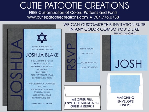 Bar Mitzvah Invitations, Bar Mitzvah Invitation, Envelope Addressing, Reply Card, Save the Date, Thank You Notes, Custom Colors Available Il_570xn