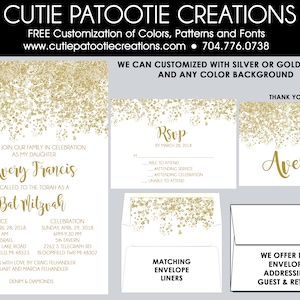 Gold and White Glitter PATTERN Bat Mitzvah Invitation Save the Date Card RSVP Card Thank You Note Envelope Addressing image 1