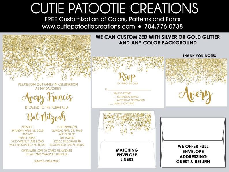 Gold and White Glitter PATTERN Bat Mitzvah Invitation Save the Date Card RSVP Card Thank You Note Envelope Addressing image 1