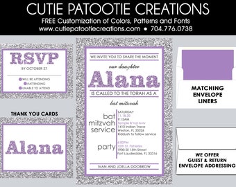 Bat Mitzvah Invitations | Purple and Silver Bat Mitzvah Invitation | Envelope Addressing | Custom Colors Available