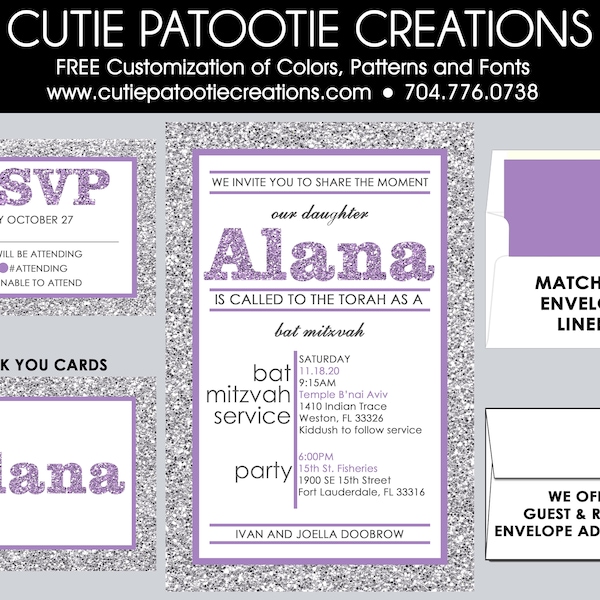 Purple Silver Bat Mitzvah Invitations | Custom Colors, Envelope Addressing