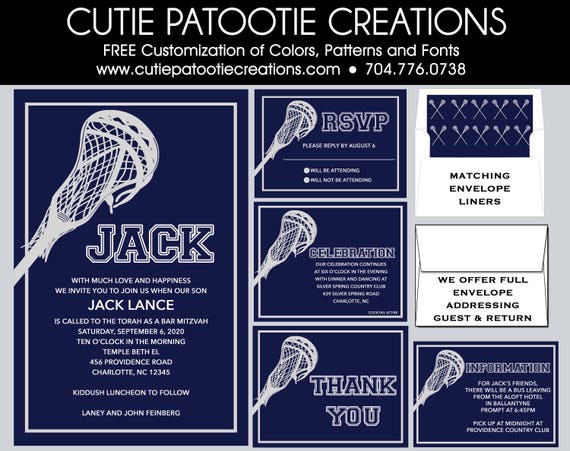 Lacrosse Bar Mitzvah Invitation - RSVP Reply Card - Party Card - Save the Date - Envelope Addressing - Custom Colors Available Il_570xn
