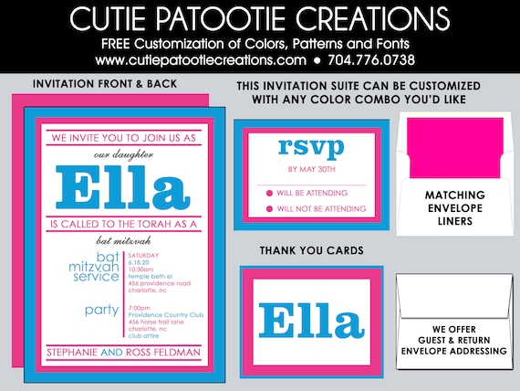 Bat Mitzvah Invitations | Pink and Blue Bat Mitzvah Invitation | Custom Colors Available Il_570xn