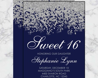 Sweet 16 Birthday Invitations - Quinceanera Invitation - Navy Blue Silver Sparkle Glitter Pattern - Guest & Return Addressing Available