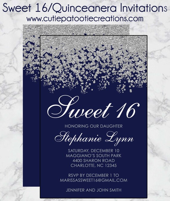 Sweet 16 Birthday Invitations - Quinceanera Invitation - Navy Blue Silver Sparkle Glitter Pattern - Guest & Return Addressing Available Il_570xn