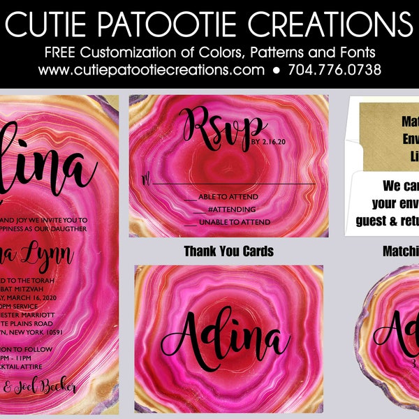 Pink Agate Bat Mitzvah Invitations | Agate Wedding Invitation Suite | RSVP Cards | Mitzvah Logo | Thank You Notes | Envelope Addressing