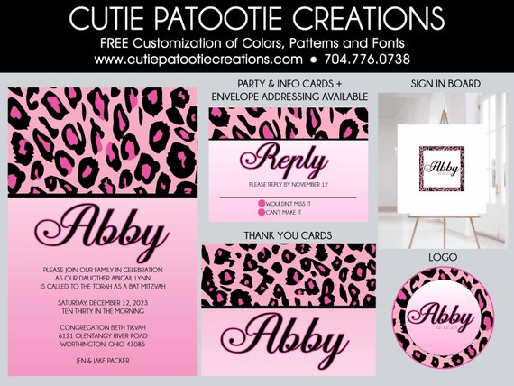 Pink Leopard Bat Mitzvah Invitations - Animal Print Mitzvah Invitation - Matching RSVP Card, Thank You Note, Envelope Addressing Available Il_570xn