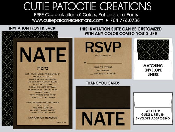 Bar Mitzvah Invitations, Bar Mitzvah Invitation, Envelope Addressing, Reply Card, Save the Date, Thank You Notes, Custom Colors Available Il_570xn