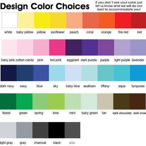 May include: A color chart with 5 rows of 10 color swatches. The colors are labeled with names like white, baby yellow, yellow, sunflower, peach, coral, orange, fire red, red, baby pink, cotton candy, pink, hot pink, eggplant, dark purple, purple, light purple, lavender, dark navy, navy, blue, sky, baby blue, seafoam, tiffany, aqua, turquoise, forest, green, spring, lime, mint, baby green, tan, dark chocolate, dark brown, light gray, gray, charcoal, black, and ella.