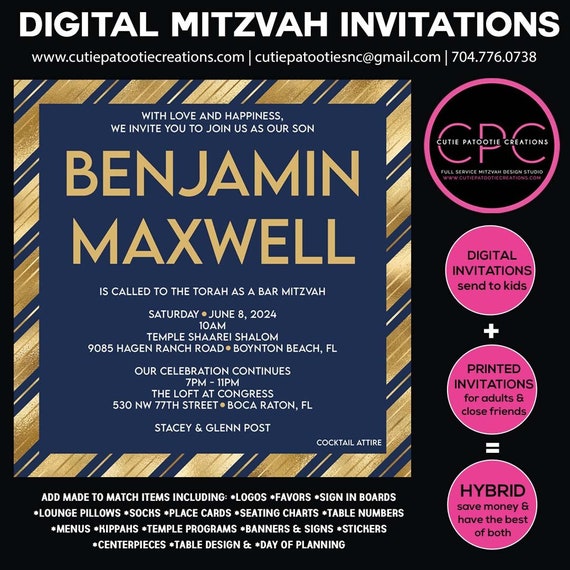 Navy Blue and Gold Foil Stripes Digital Bat Mitzvah Invitation | Add Small Order of Printed to send to Family and Friends Il_570xn