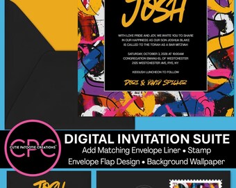 Invitaciones personalizadas para Bar y Bat Mitzvah con temática de graffiti digital: añade sello, forro, papel tapiz y diseño de logotipo personalizados a juego.