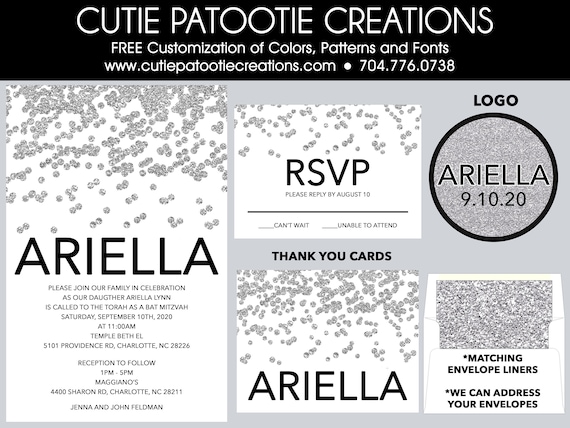 Silver, Black and White Bat Mitzvah Invitations with Faux Silver Glitter Confetti - RSVP Cards - Thank You Notes - Hotel Card - Mitzvah Logo Il_570xn