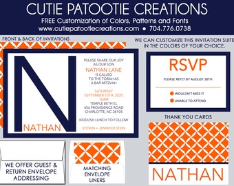 Bar Mitzvah Invitations, Bar Mitzvah Invitation, Envelope Addressing, Reply Card, Save the Date, Thank You Notes, Custom Colors Available