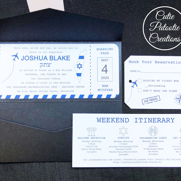 SAMPLE | Airline Boarding Pass Ticket Invitation Bat Mitzvah, Bar Mitzvah | Boarding Pass Wedding Invitation | Destination Travel Invitation