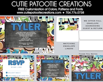 Graffiti Bar Mitzvah Invitations - Save the Date Card - RSVP Card - Thank You Note - Envelope Addressing