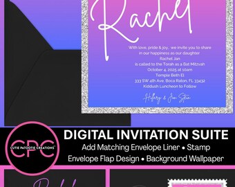 Digital Bat Mitzvah Invitations - Pink and Purple Ombre Watercolor - Add Matching Envelope Stamp, Liner, Flap Design & Wallpaper Background
