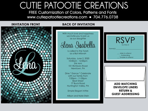 Bat Mitzvah Invitations - Aqua Teal Blue Confetti Bat Mitzvah Invitation - RSVP Cards, Thank You, Envelope Addressing - Custom Colors Il_570xn