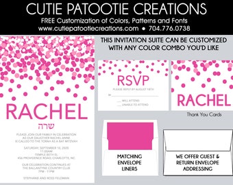 Bat Mitzvah Invitations - Bat Mitzvah Invitation - Pink Confetti - Add Matching RSVP Cards, Thank You, Envelope Addressing - Custom Colors