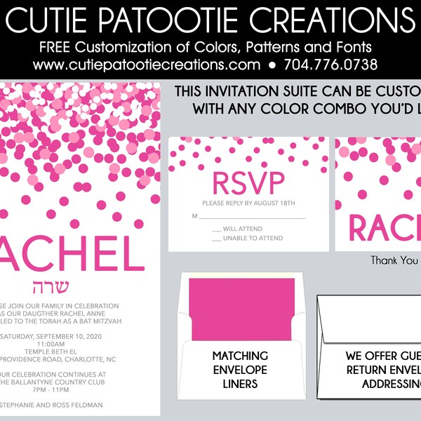 Pink Confetti Bat Mitzvah Invitations – Custom Colors