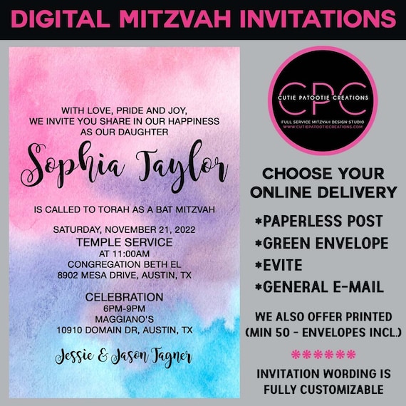 Digital Watercolor Bat Mitzvah Invitation, Zoom Bat Mitzvah Invitation, Online Digital Bat Mitzvah Invitations Il_570xn
