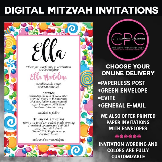 Candy Theme Digital Bat Mitzvah Invitation Il_570xn